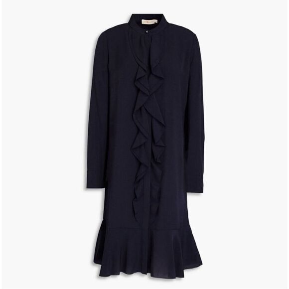 Tory Burch Navy Jane Ruffle Button Front Crepe Dress - Picture 3 of 10